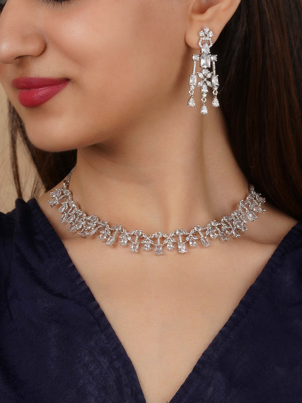 CZSET357 - White Color Silver Plated Faux Diamond Necklace Set