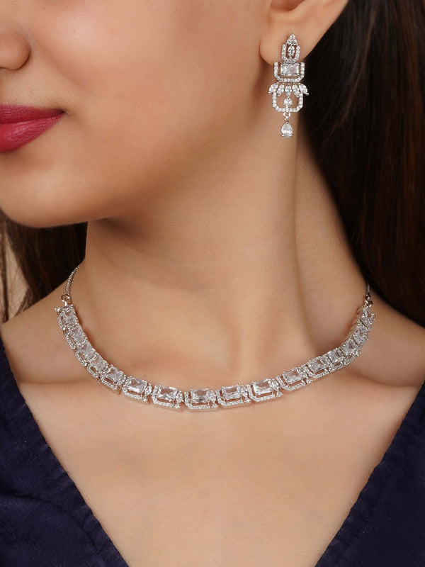 CZSET358 - White Color Silver Plated Faux Diamond Necklace Set