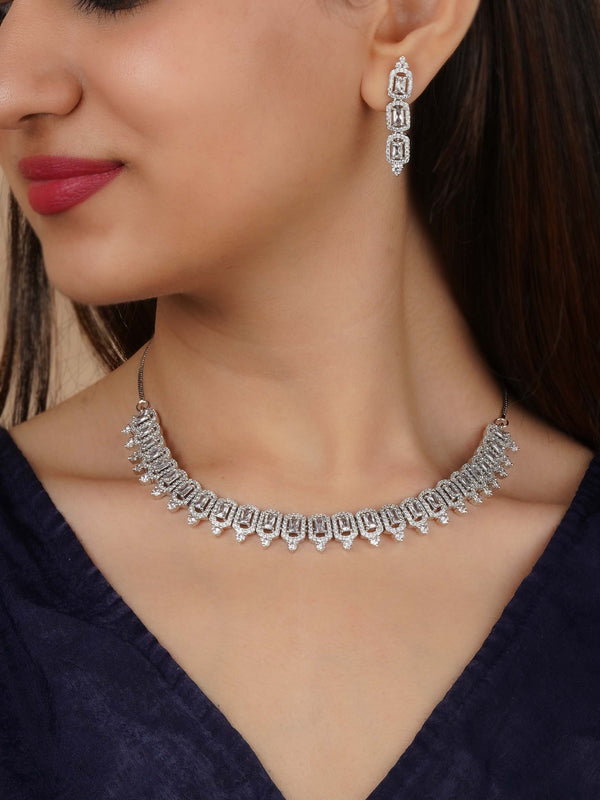 CZSET359 - White Color Silver Plated Faux Diamond Necklace Set