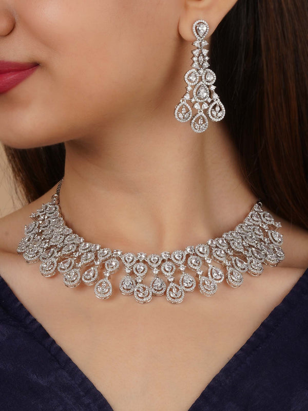 CZSET364 - Silver Plated Faux Diamond Necklace Set