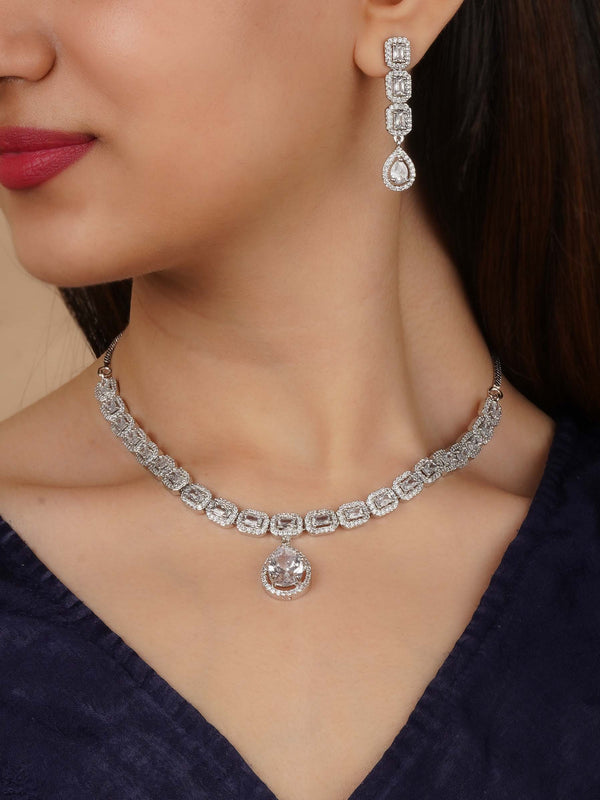 CZSET365 - White Color Silver Plated Faux Diamond Necklace Set