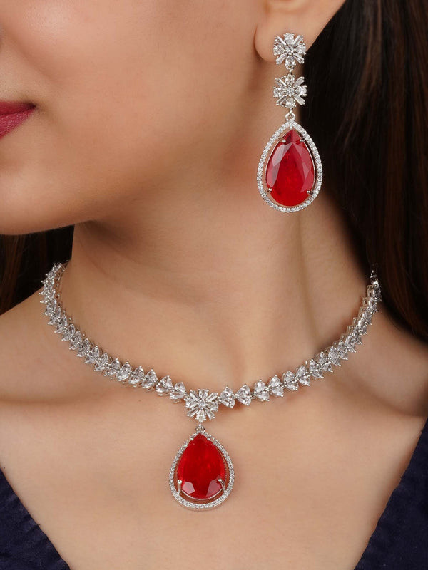 CZSET366R - Red Color Silver Plated Faux Diamond Necklace Set