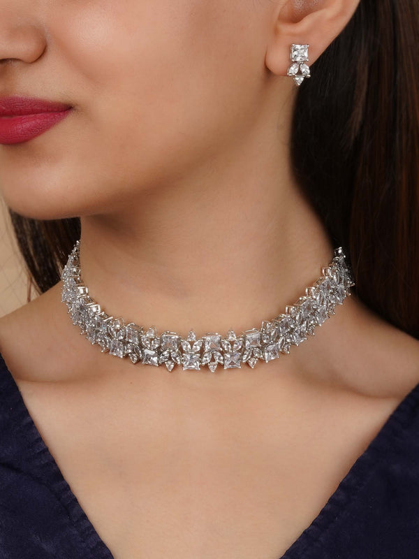 CZSET368 - White Color Silver Plated Faux Diamond Necklace Set