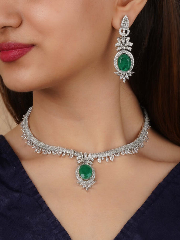 CZSET369GR - Green Color Silver Plated Faux Diamond Necklace Set