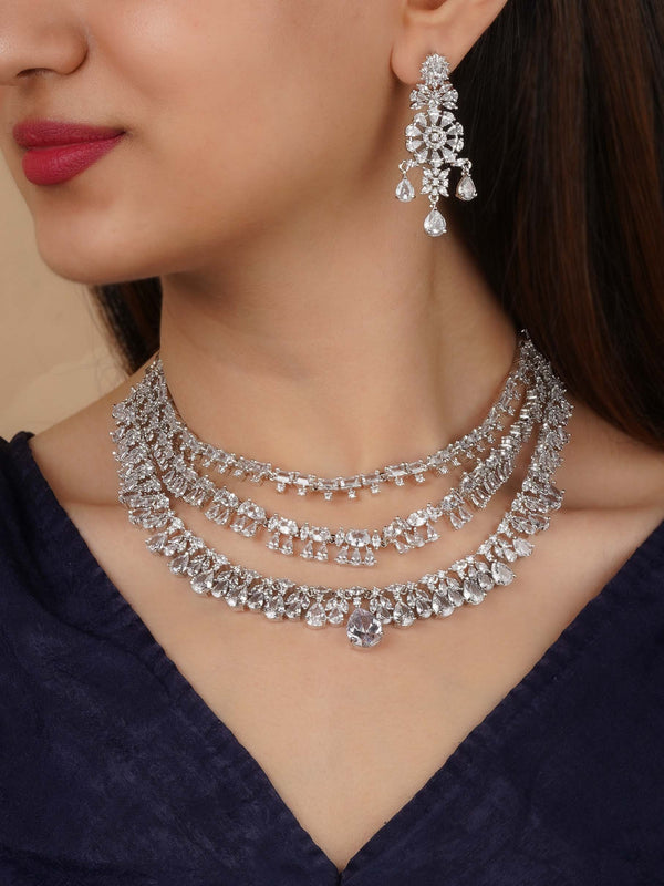 CZSET372 - White Color Silver Plated Faux Diamond Necklace Set
