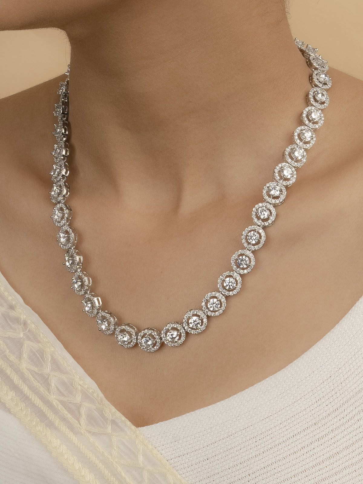 CZSET44 - White Color Faux Diamond Delicate Medium Necklace Sets
