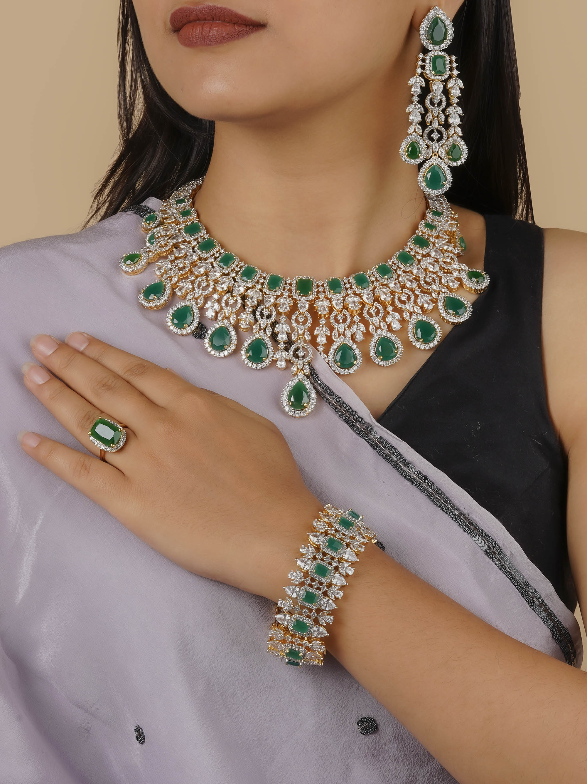 CZSET4GR - Green Color Gold Plated Faux Diamond Necklace Set