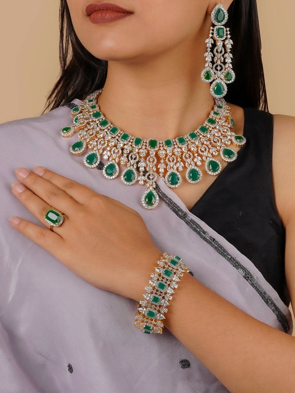 CZSET4GR - Green Color Gold Plated Faux Diamond Necklace Set