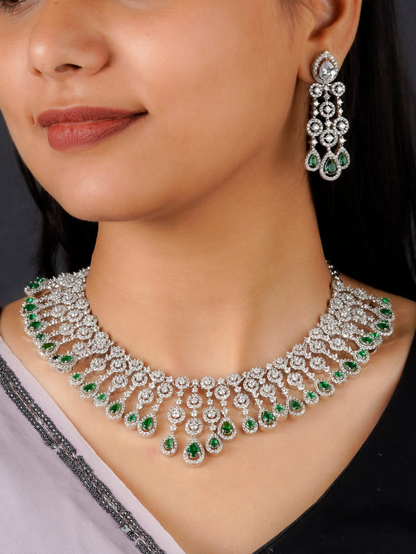 CZSET64GR - Green Color Silver Plated Faux Diamond Necklace Set