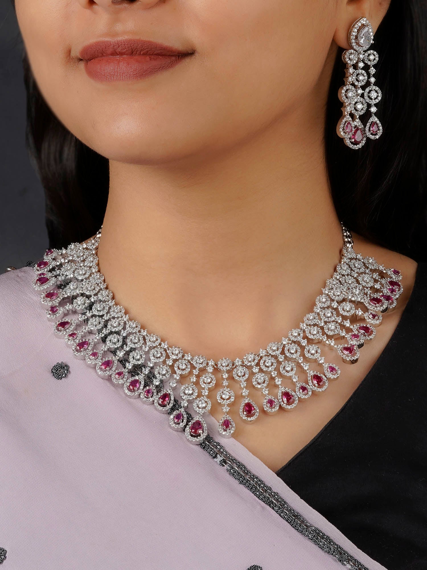 CZSET64P - Pink Color Silver Plated Faux Diamond Necklace Set