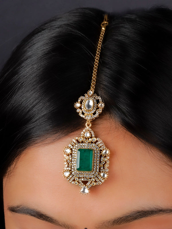 Green Color Gold Plated Faux Diamond Maangteeka - CZT41GR