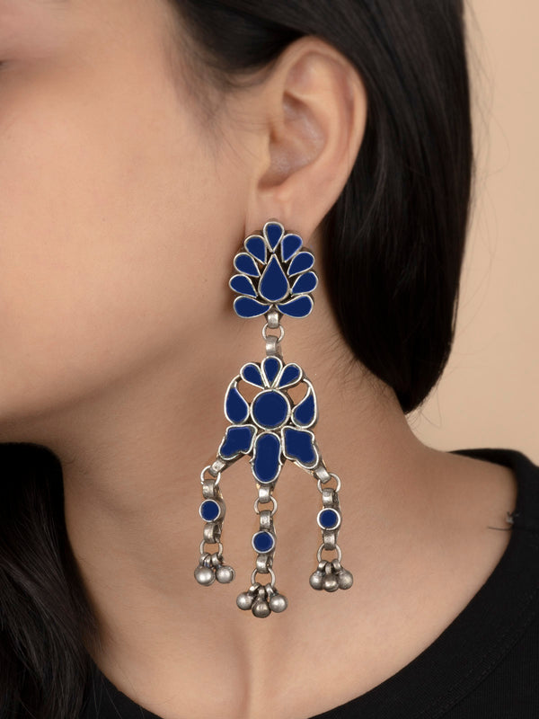 Blue Color Silver Plated Tribal Earrings - EK-SFEAR245BL