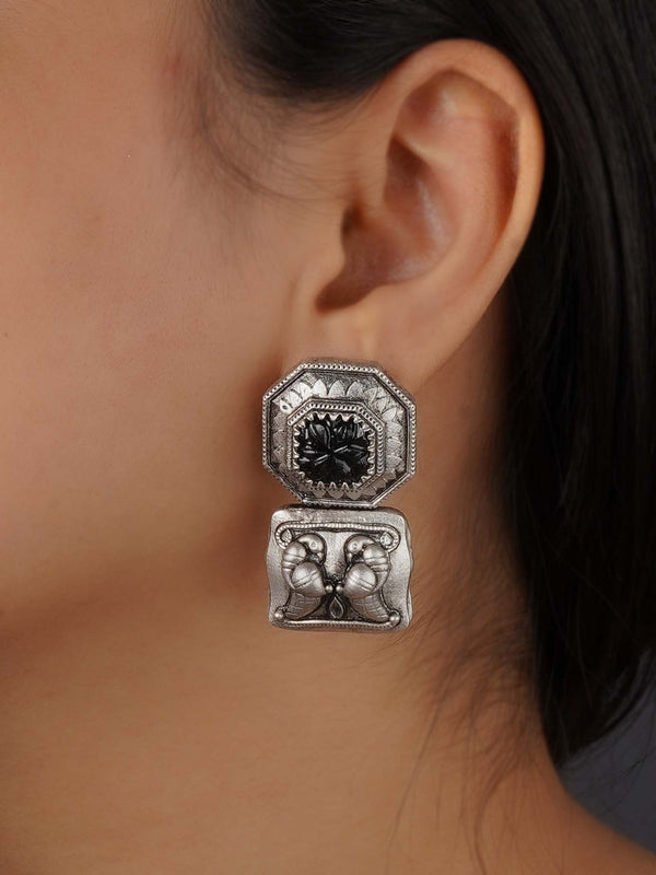 EK-SFEAR336BK - Black Color Silver Plated Tribal Earrings