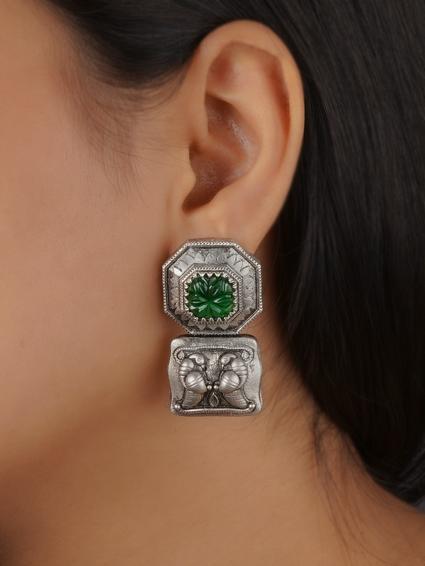 EK-SFEAR336GR - Green Color Silver Plated Tribal Earrings