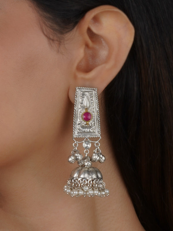 EK-SFEAR338SL - Pink Color Silver Plated Tribal Earrings