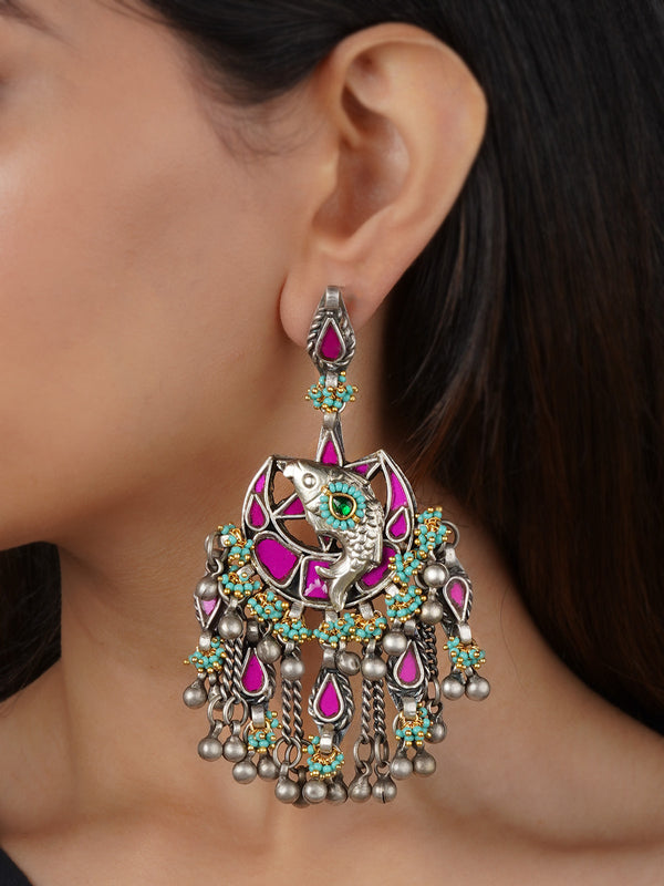 Pink Color Silver Plated Tribal Earrings - EK-SFEAR372PA