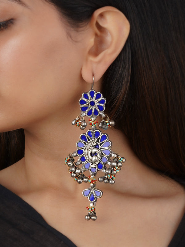 Blue Color Silver Plated Tribal Earrings - EK-SFEAR373BLA