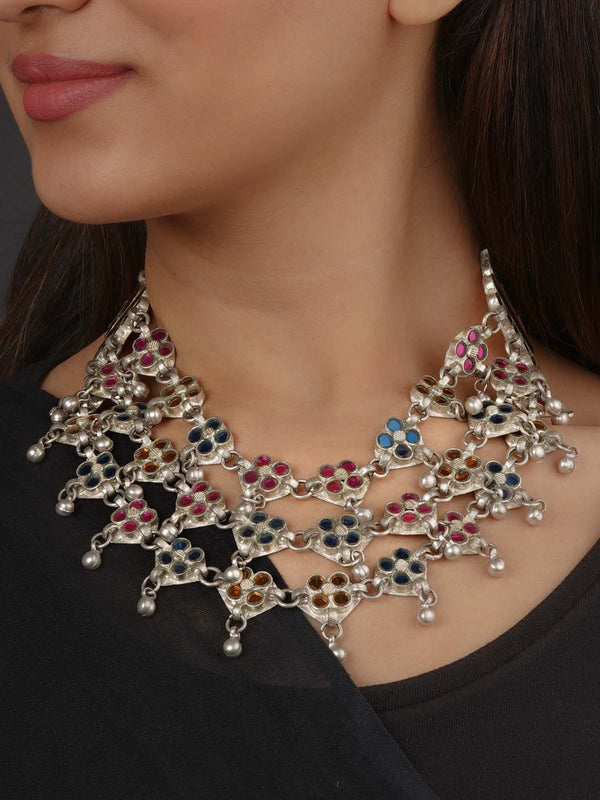 Multicolor Silver Plated Tribal Necklace - EK-SFNECK40C