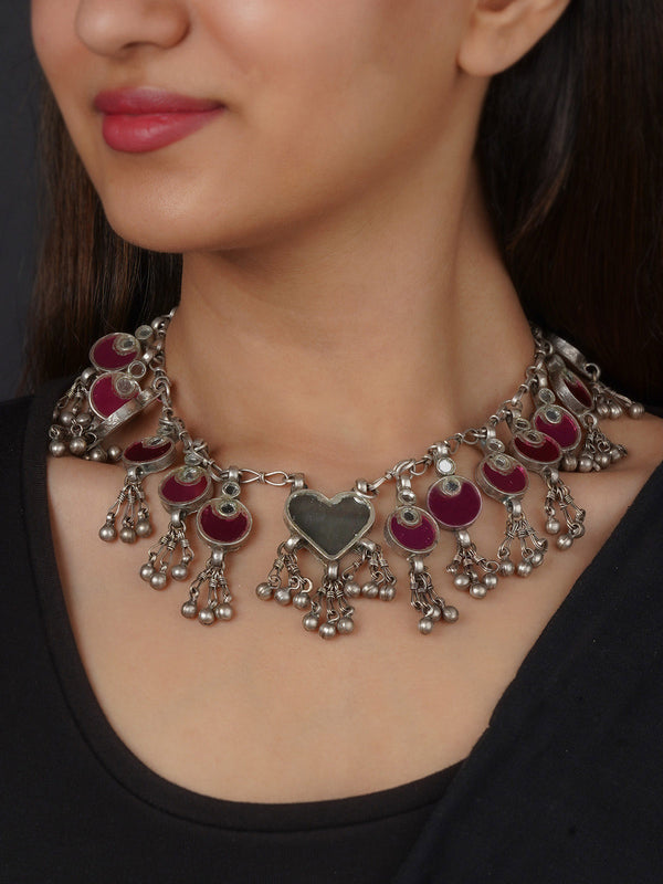 EK-SFNECK444A - Pink Color Silver Plated Tribal Necklace