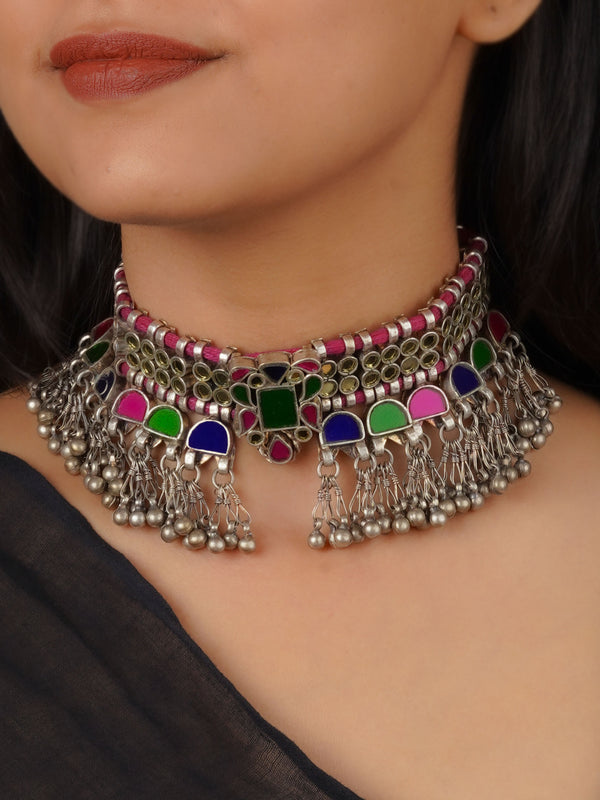 EK-SFNECK486A - Multicolor Silver Plated Tribal Necklace