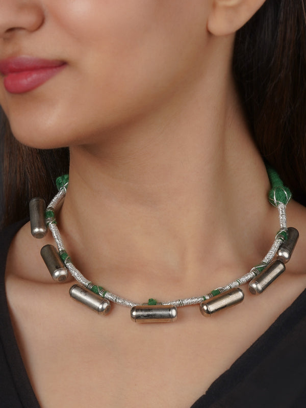 EK-SFNECK495GR - Grey Color Silver Plated Tribal Necklace