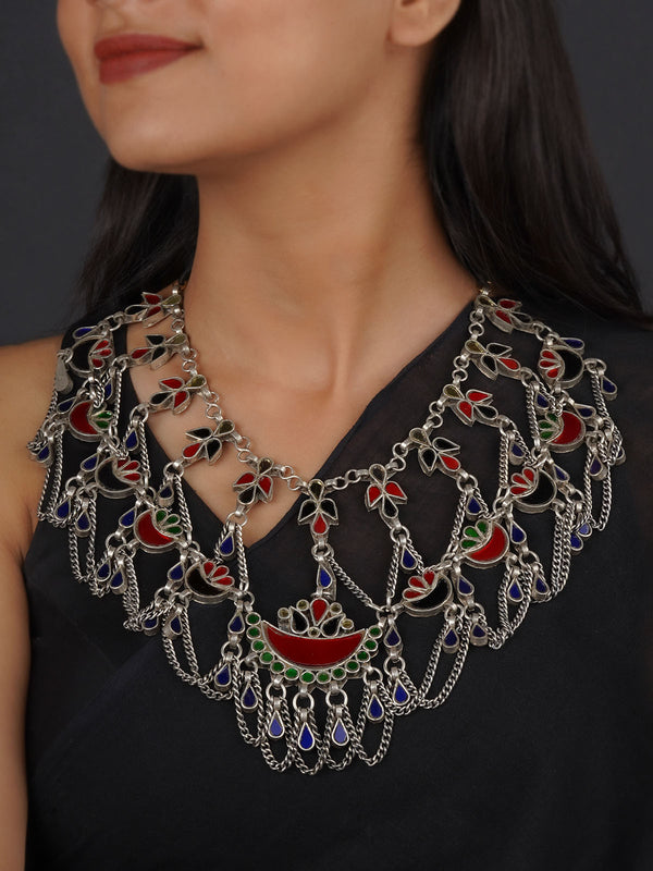 EK-SFNECK552M - Multicolor Silver Plated Tribal Necklace