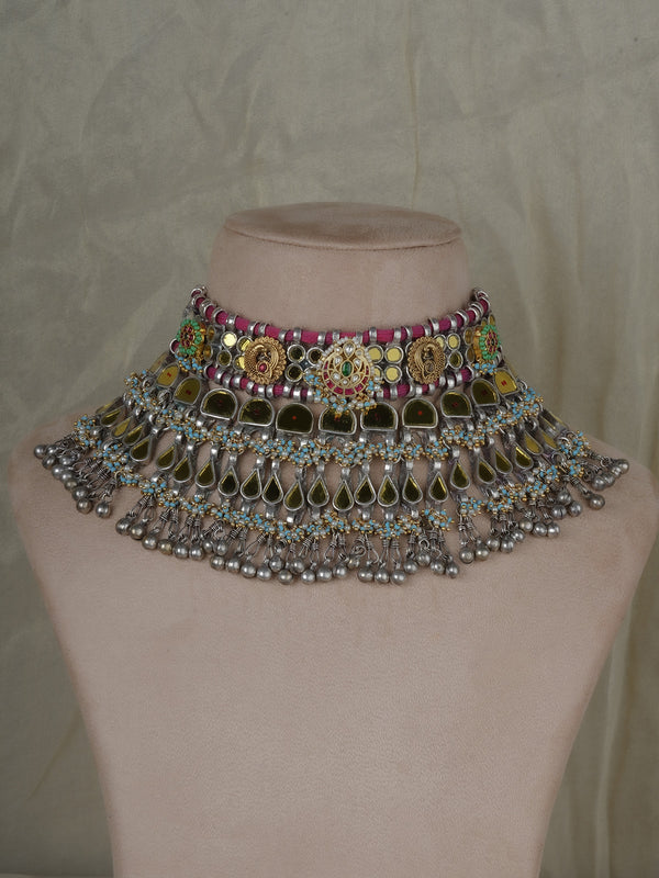 Multicolor Silver Plated Tribal Necklace - EK-SFNECK568