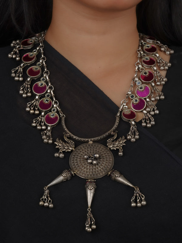 Pink Color Silver Plated Tribal Necklace - EK-SFNECK591