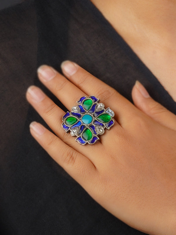EK-SFRNG122MA - Multicolor Silver Plated Tribal Ring