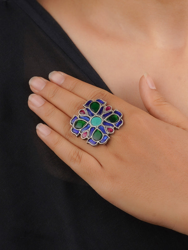 EK-SFRNG122MB - Multicolor Silver Plated Tribal Ring