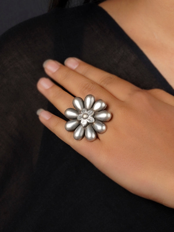 EK-SFRNG127A - Grey Color Silver Plated Tribal Ring