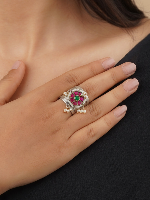 EK-SFRNG144P - Pink Color Silver Plated Tribal Ring