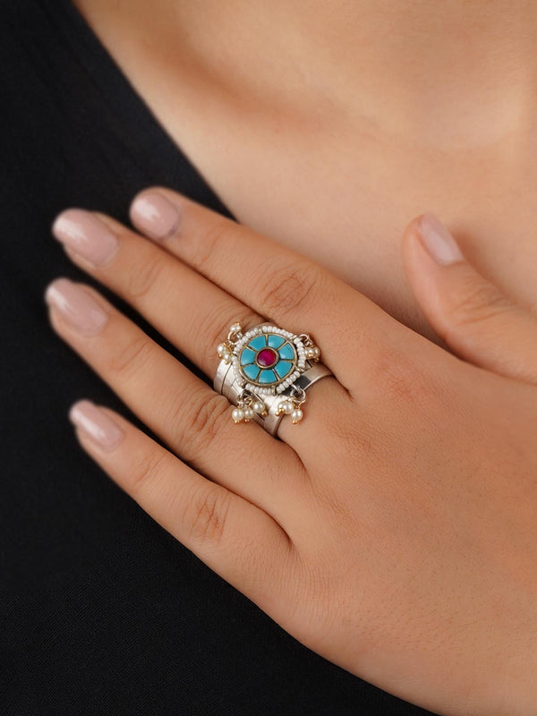 EK-SFRNG144PA - Firoza Color Silver Plated Tribal Ring