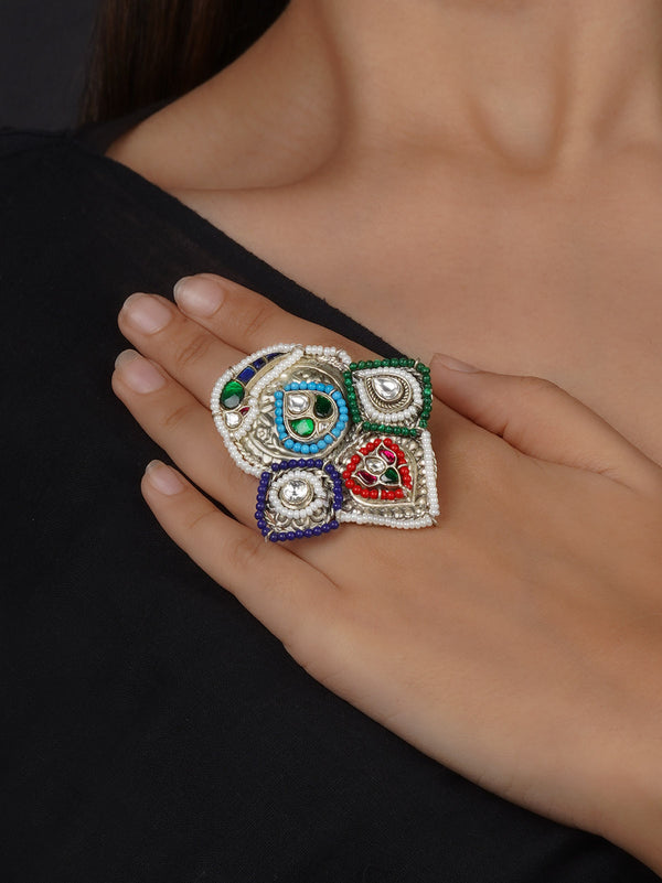 EK-SFRNG156MB - Multicolor Silver Plated Tribal Ring