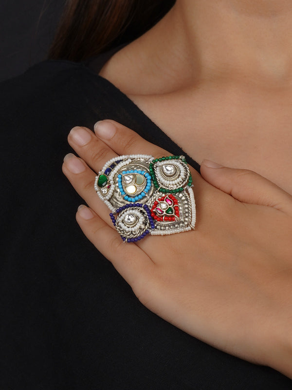 EK-SFRNG156MC - Multicolor Silver Plated Tribal Ring