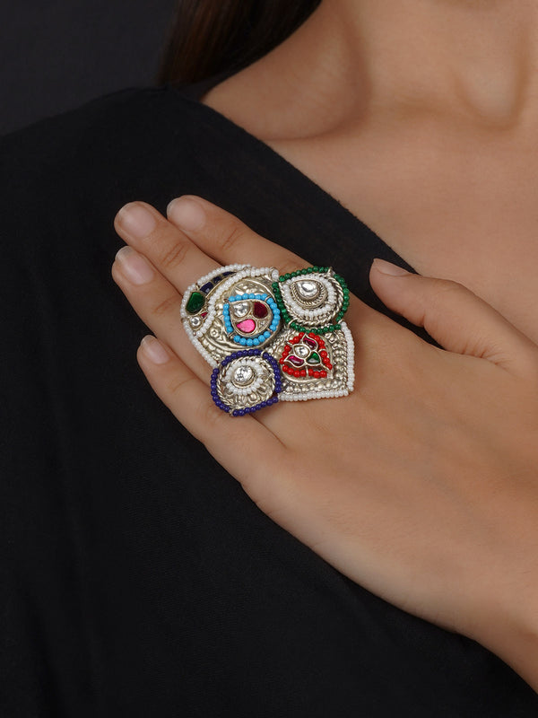 EK-SFRNG156MD - Multicolor Silver Plated Tribal Ring