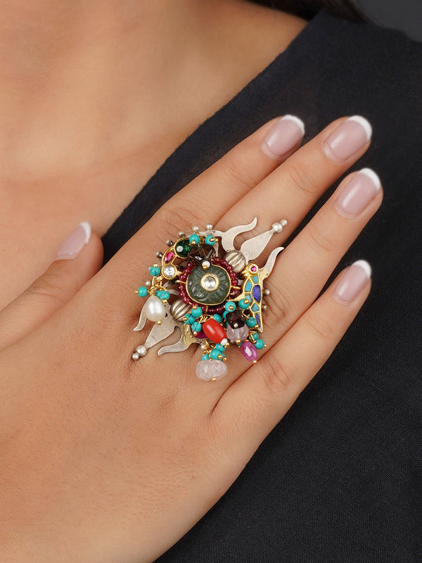 EK-SFRNG163SL925 - Multicolor 925 Silver Tribal Ring