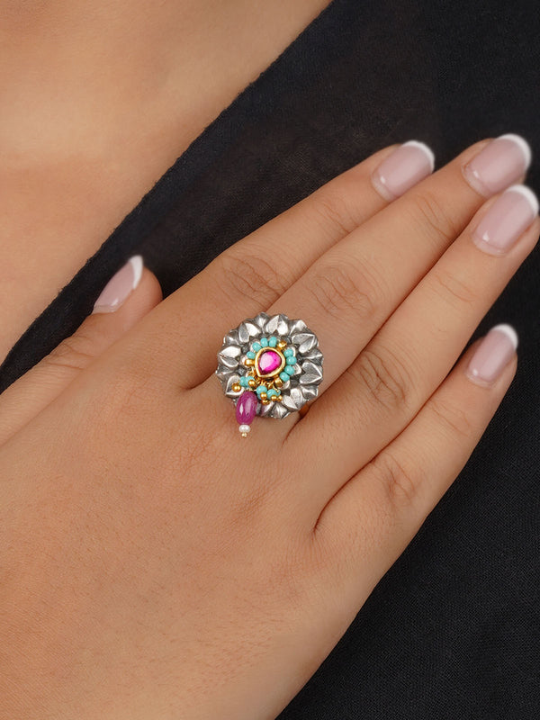 Pink Color Silver Plated Tribal Ring - EK-SFRNG174P