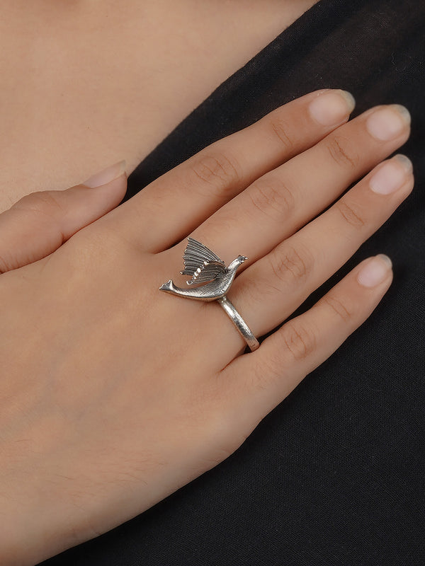 EK-SFRNG35 - Grey Color Silver Plated Tribal Ring