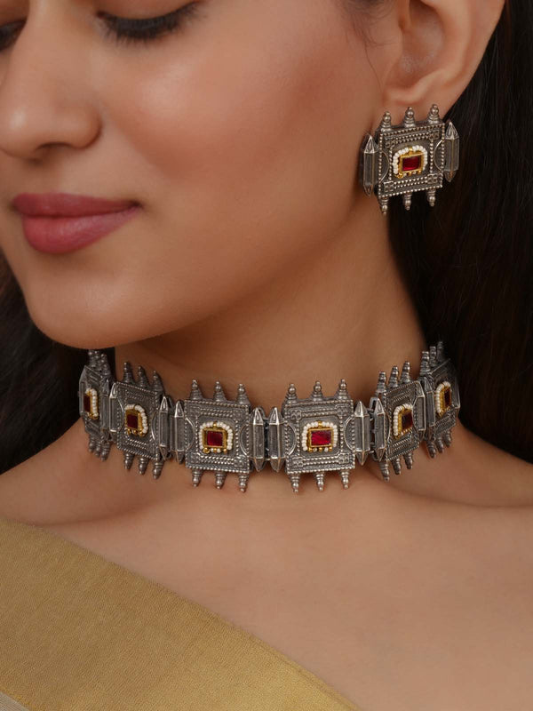 Red Color Tribal Necklace Set - EK-SFSET356