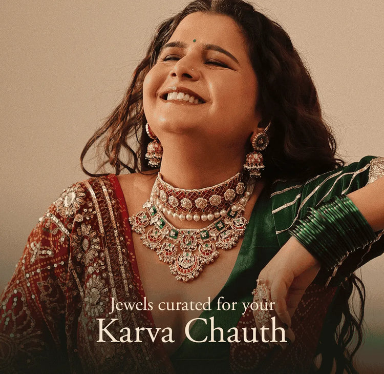 Woman wearing a traditional Indian jewellery set with layered necklaces and jhumka earrings for Karva Chauth by Mortantra