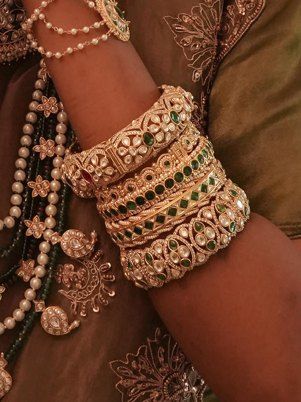 Green Color Gold Plated Jadau Kundan Bangles - MB147GR