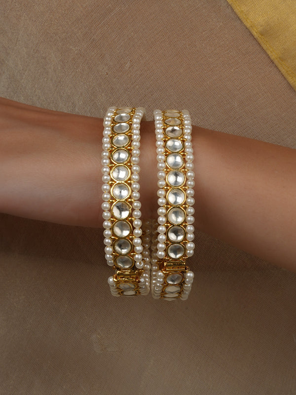 White Color Gold Plated Jadau Kundan Bangles (One Pair) - MB147Y
