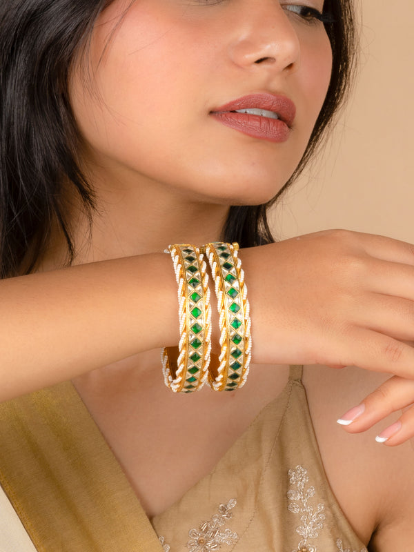 MB180YGR - Green Gold Plated Jadau Kundan Bangles