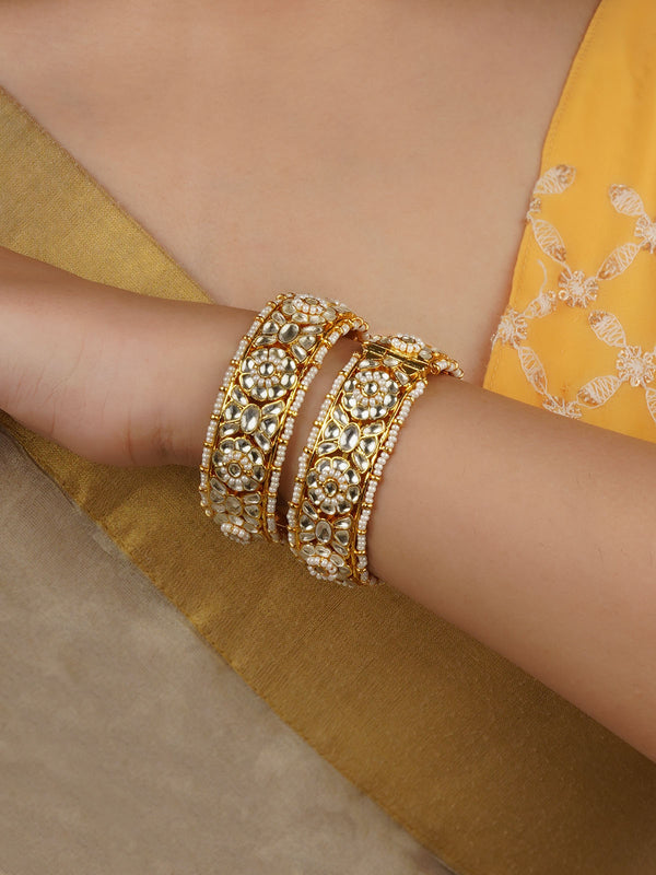 MB183Y - White Color Gold Plated Jadau Kundan Bangles