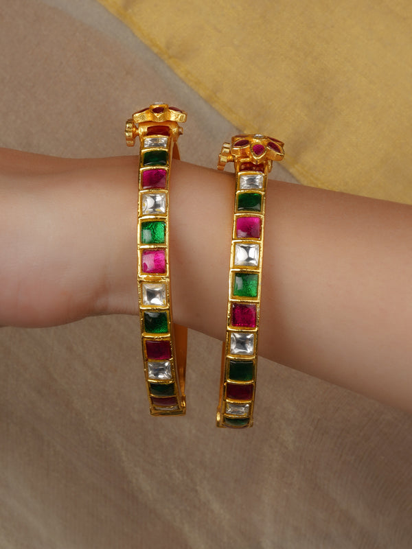 Multicolor Gold Plated Jadau Kundan Bangles (One Pair) - MB187M