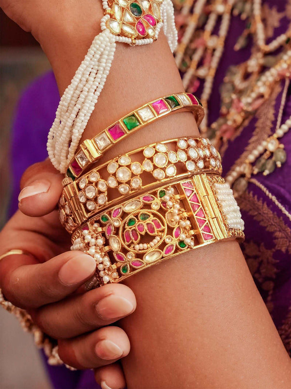 Multicolor Gold Plated Jadau Kundan Bangles - MB187M