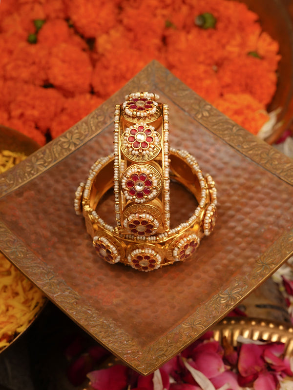 Red Color Gold Plated Jadau Kundan Bangles - MB193YR