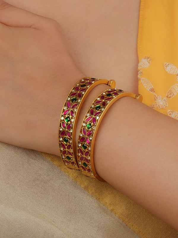 Multicolor Gold Plated Jadau Kundan Bangles (One Pair) - MB229M