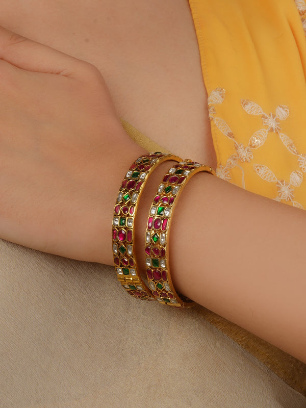 Multicolor Gold Plated Jadau Kundan Bangles (One Pair) - MB231M